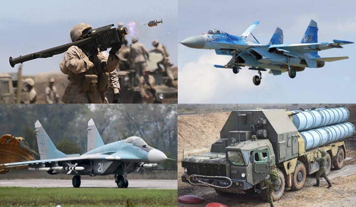 Misil Stinger, Su-27, Batería S-300, MiG-29 (en el sentido de las agujas del reloj)