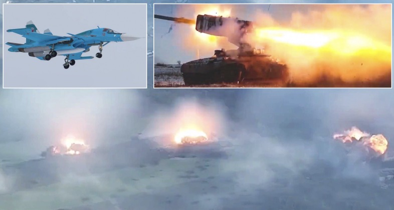 Su-34 Fighter and TOS-1A Artillery Strikes in Ukraine