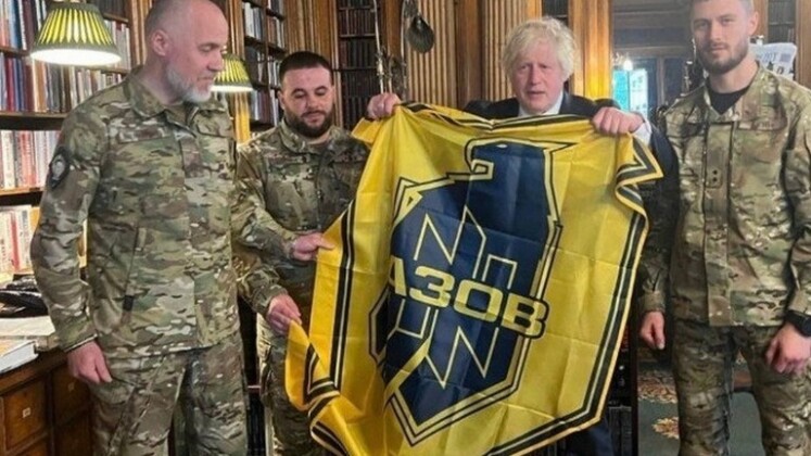 Former Prime Minister Boris Johnson with Azov Battalion Members and SS-Linked Flag