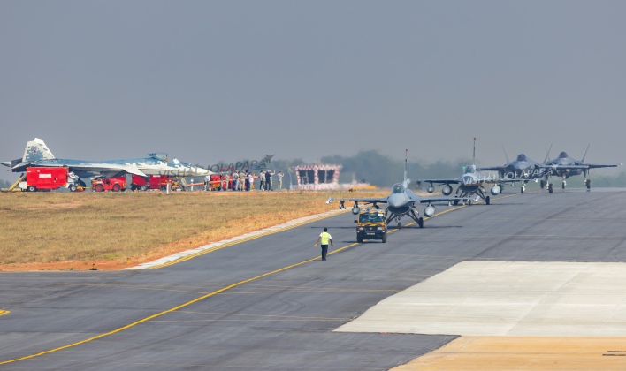 Su-57 (left) and F-35 and F-16 Fighters at Aero India 2025
