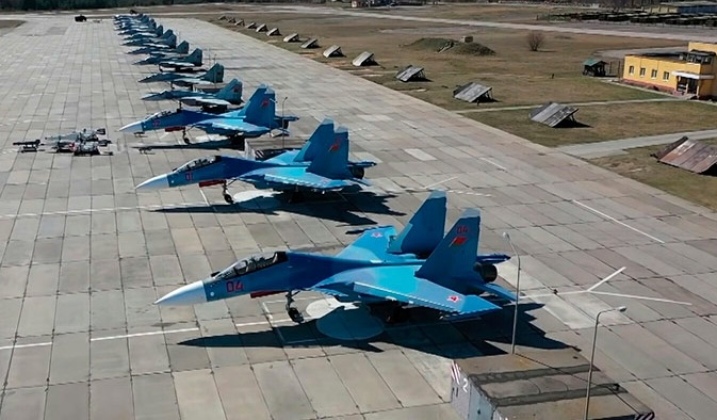 Belarusian Air Force Su-30SMs (front) and MiG-29s