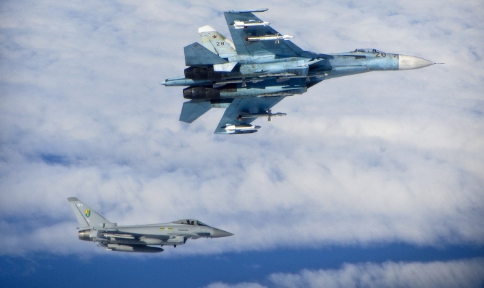 Su-27 Encounters British Royal Air Force Eurofighter Over the Baltic Sea