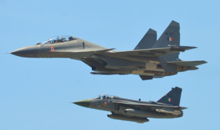 Indian Air Force Su-30MKI (top) and Tejas Fighters