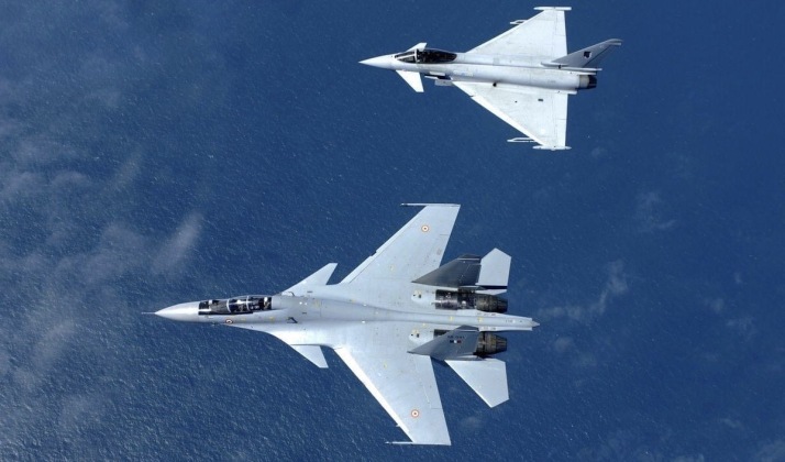 Indian Air Force Su-30MKI and British Eurofighter During Prior Joint Exercises