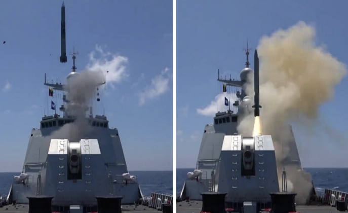 Launches of HHQ-9 Long Range Surface-to-Air Missile (left) and YJ-18 Anti-Ship Cruise Missile From Chinese Type 055 Class`s Multirole Vertical Launch System