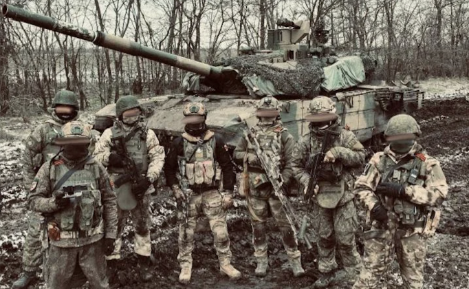 Russian 40th Guards Naval Infantry with T-90M Tank Near Frontlines Russian 40th Guards Naval Infantry with T-90M Tank Near Frontlines