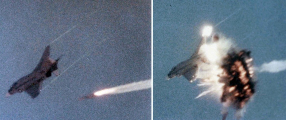 An AIM-54 Missile Destroys a QF-4 Drone During Testing in 1983 An AIM-54 Missile Destroys a QF-4 Drone During Testing in 1983