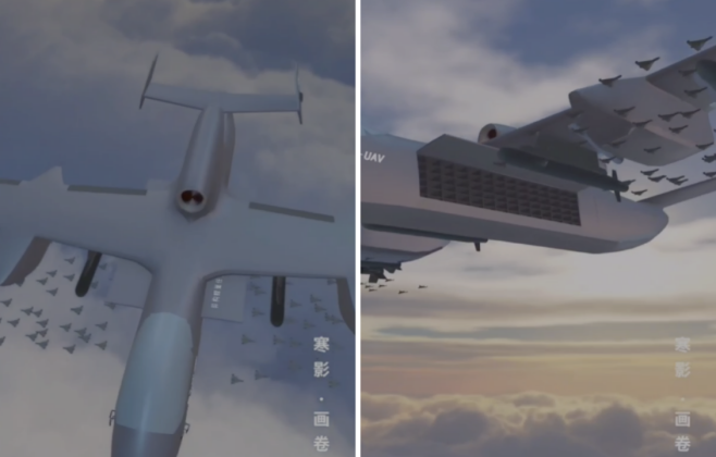 Artwork Showing Jiu Tian Aircraft Deploying Drone Swarm Artwork Showing Jiu Tian Aircraft Deploying Drone Swarm