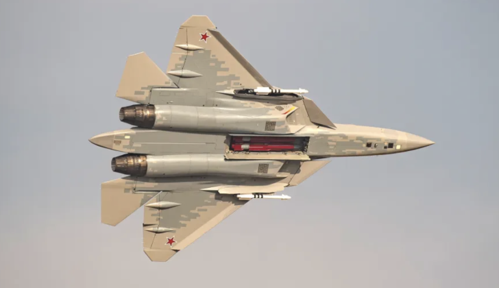 Su-57 Fighter with Three Open Weapons Bays and Kh-58 Anti-Radiation Missiles at the 2025 Dubai Airshow Su-57 Fighter with Three Open Weapons Bays and Kh-58 Anti-Radiation Missiles at the 2025 Dubai Airshow