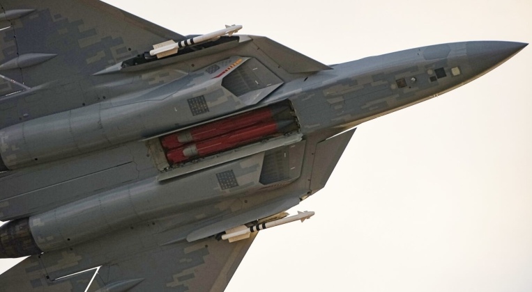 Su-57 Fighter with Three Open Weapons Bays, Kh-58 Anti-Radiation Missiles, and R-74 Air-to-Air Missiles