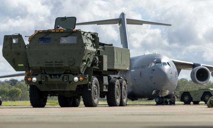 Australian Army M142 HIMARS Launcher Positioned For Loading on U.S. Air Force C-17