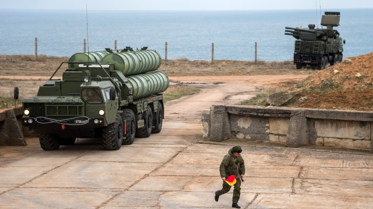 Russian S-400 Surface-to-Air Missile Launcher and Pantsir Air Defence Combat Vehicle in Crimea