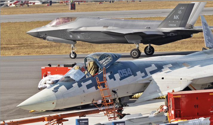 Su-57 (front) and F-35 at Aero India 2025
