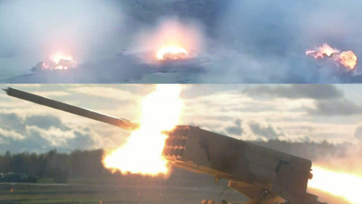 Russian Thermobaric Bombardment on Ukrainian Frontline Positions and TOS-1A Rocket Launcher