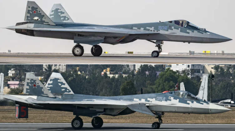 Su-57 Prototype at the Dubai Airshow (top) and Aero India in 2025 