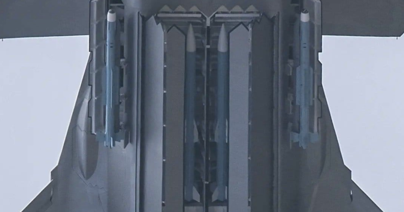 Chinese PL-15 (Centre) and PL-10 Air-to-Air Missiles in J-20 Stealth Fighter`s Weapons Bays Chinese PL-15 (Centre) and PL-10 Air-to-Air Missiles in J-20 Stealth Fighter`s Weapons Bays