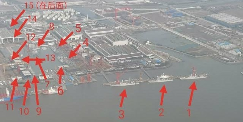 Fifteen Destroyers and Aircraft Carrier at Jiangnan Shipyard