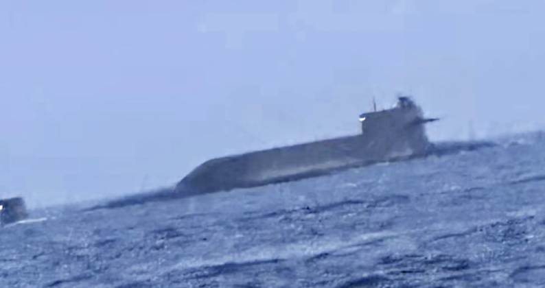 Type 094 Class Submarine Surfaces in the Taiwan Strait