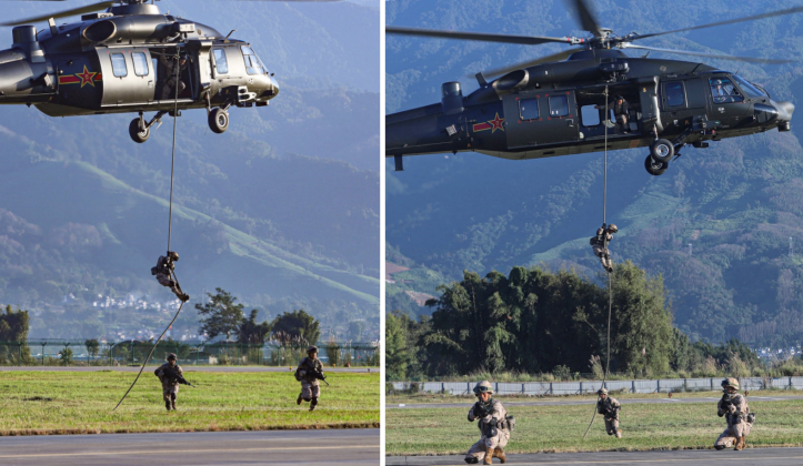 Chinese PLA Army Personnel Fast Rope Down From Z-20 Helicopter Chinese PLA Army Personnel Fast Rope Down From Z-20 Helicopter