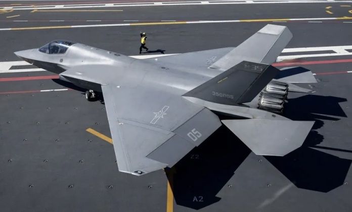 Chinese PLA Navy J-35 Fifth Generation Fighter on the Carrier Fujian