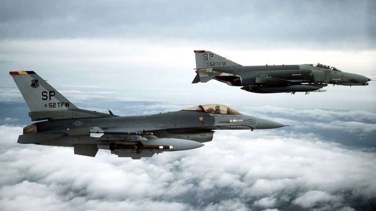 F-4 Leads F-16 in Flight