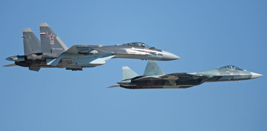 Su-57 Prototype (front) and Su-35S 