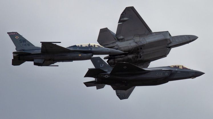 U.S. Air Force F-22, F-35 and F-16 Fighters (right to left)