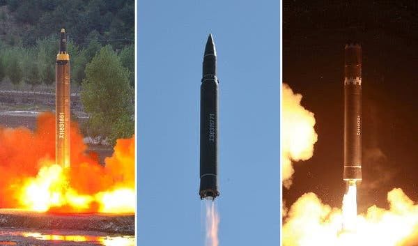 (left to right) Hwasong-12, Hwasong-14 and Hwasong-15 Ballistic Missiles