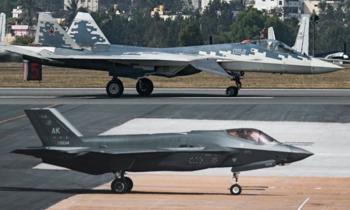 Su-57 (top) and F-35 at Aero India 2025: While Both Have Been Offered, the Indian Defence Ministry Has Shown Interest Only in the Su-57