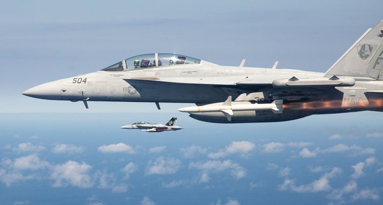 EA-18G Growler Electronic Attack Jets Launch AGM-88 Anti-Radiation Missiles