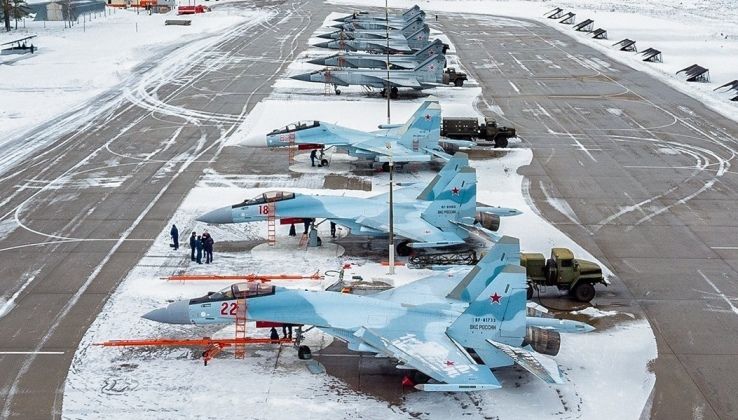 Russian Aerospace Forces Su-35 Fighters and MiG-31 Interceptors at Tsentralnaya Uglovaya Air Base