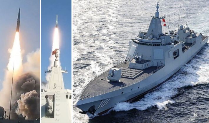 Type 055 Class Destroyer (right) and YJ-20 Anti-Ship Ballistic Missile Launch From Type 055 Destroyer