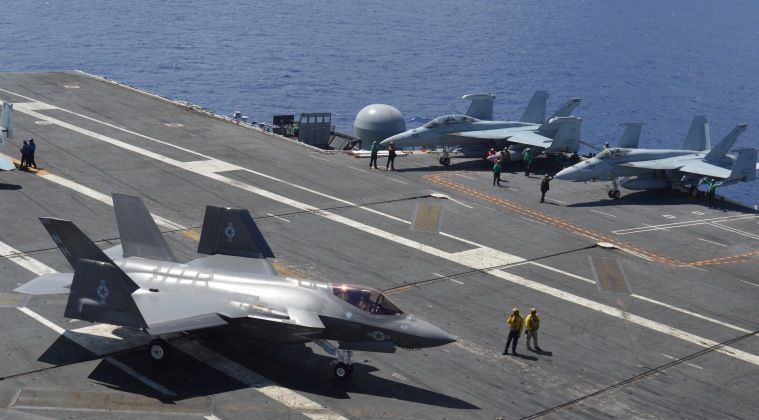 Marine Corps F-35C and Navy F-18E/F Fighters on the Supercarrier USS Abraham Lincoln Now Deployed in the Middle East