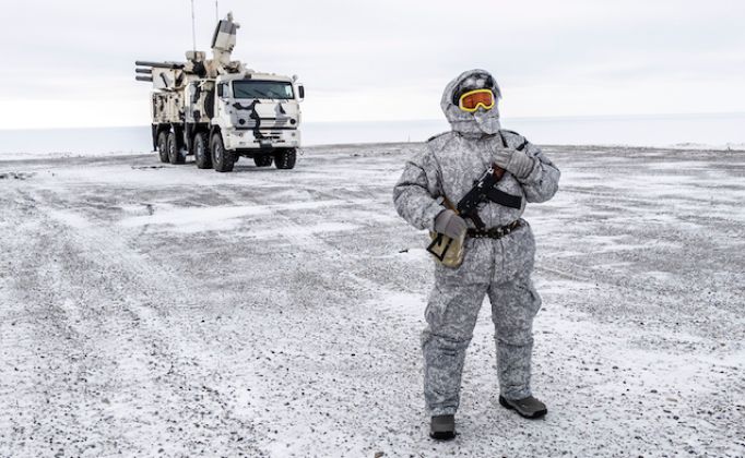 Russian Serviceman and Pantsir Air Defence Combat Vehicle in the Arctic