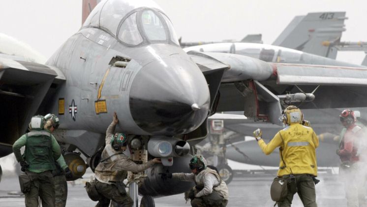 U.S. Navy F-14 Fighters Being Prepare For Takeoff on Carrier Deck