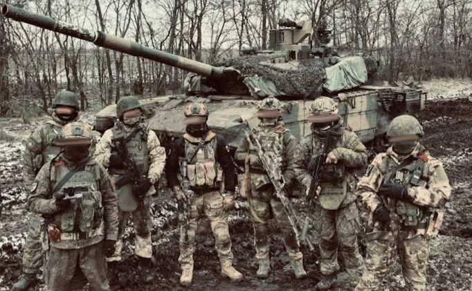 Russian 40th Guards Naval Infantry with T-90M Tank Near Frontlines