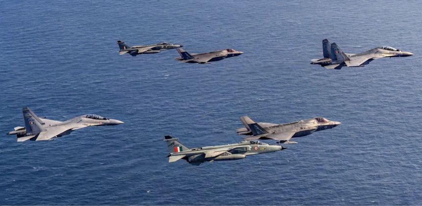 Indian Su-30MKI and Jaguar and British F-35B Combat Jets During Joint Exercises