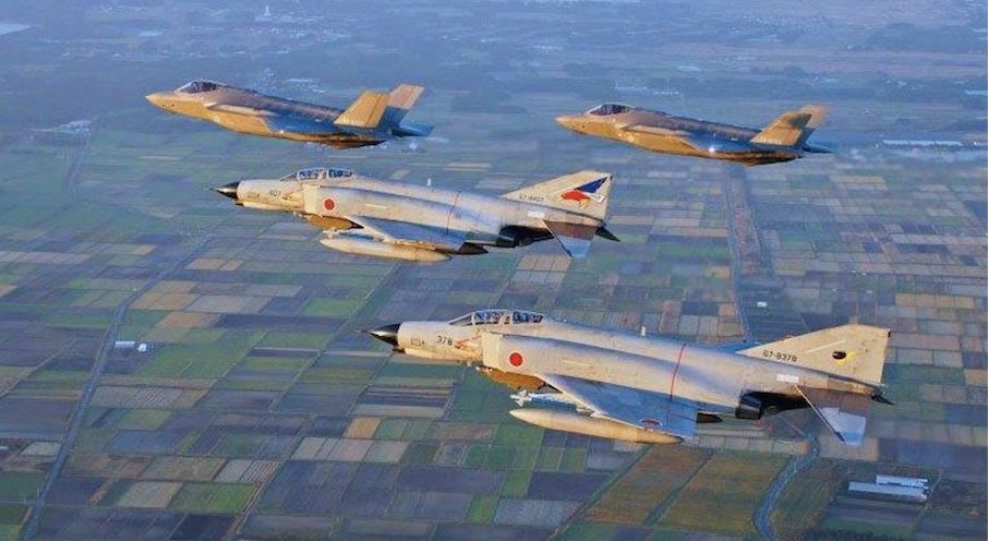 Japanese Air Force F-4EJ Phantoms and F-35 Stealth Fighters