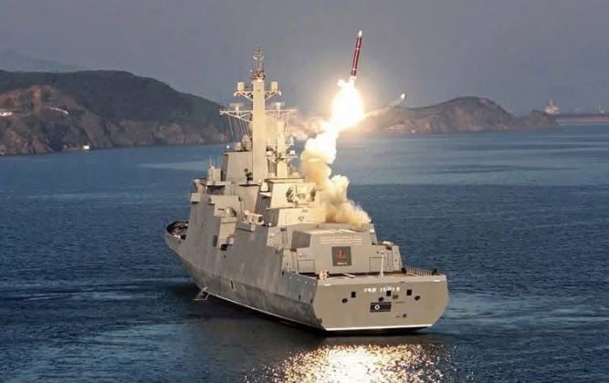 Cruise Missile Launch From Korean People`s Army Navy Destroyer Choi Hyon