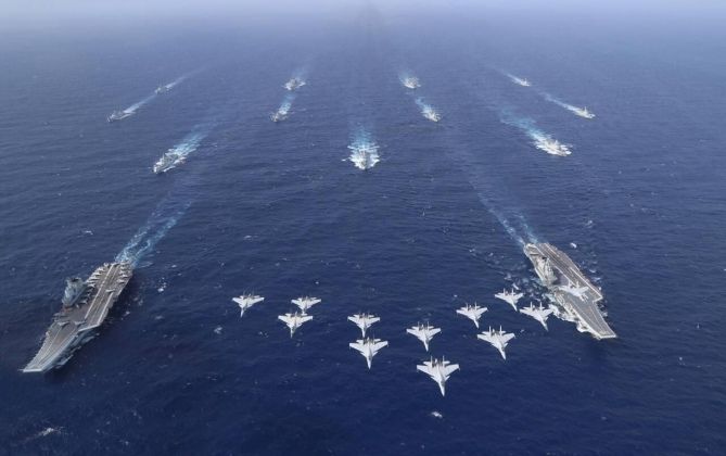 J-15Bs and Two J-15s in Formation During Dual Carrier Drills