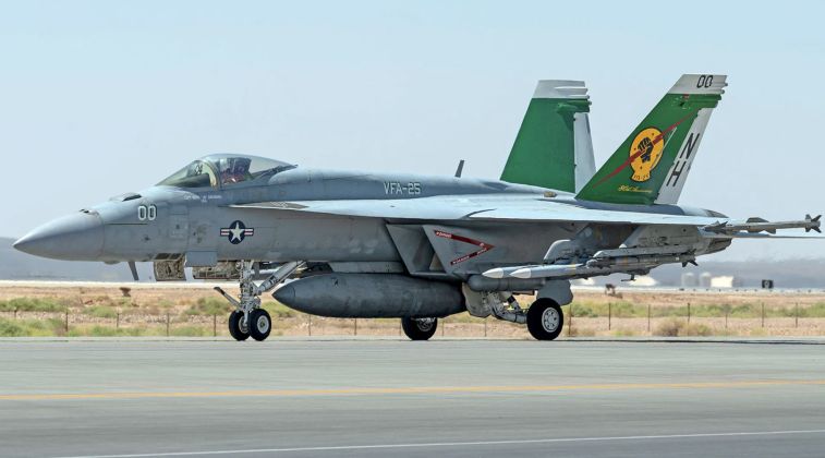 F-18E Lands at Muwaffaq Salti Airbase with AIM-120 and AIM-9X Missiles