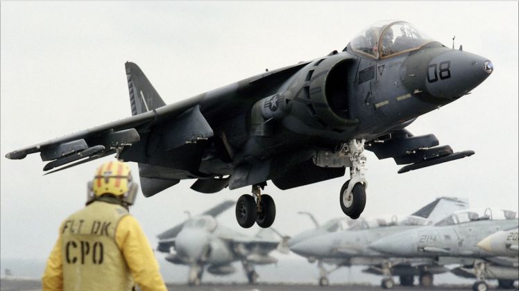 Marine Corps Harrier Lands Vertically on Nimitz Class Carrier