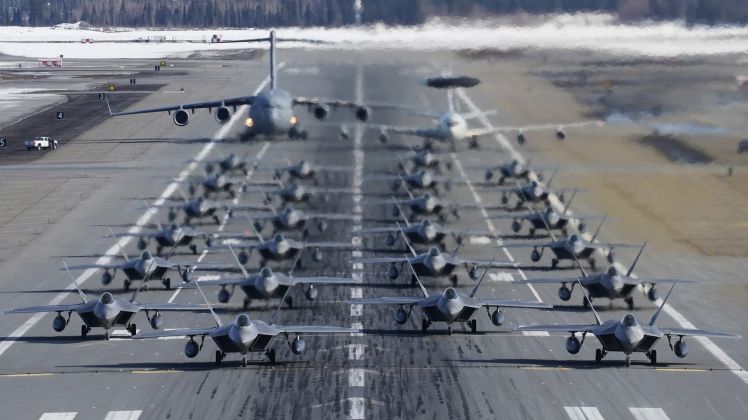 U.S. Air Force F-22 Raptors in Alaska with E-3 AEW&C and C-17 Transport