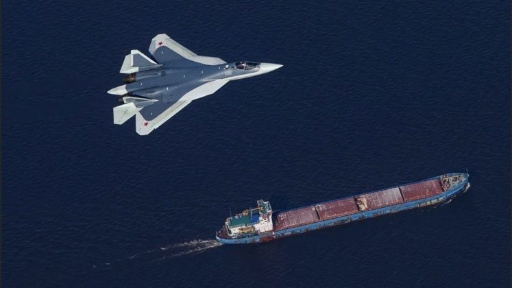 Su-57 Fighter Flies Over Water