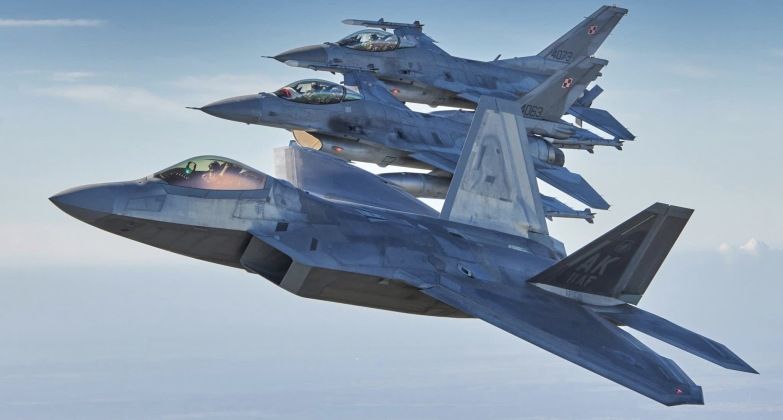 U.S. Air Force F-22 with Polish Air Force F-16s