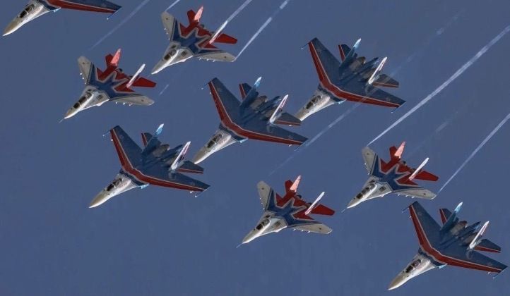 MiG-29s Perform Aerobatics With Larger Su-35s
