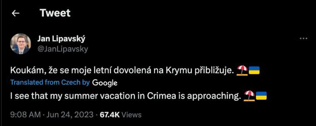 Tweet From Czech Foreign Minister Jan Lipavsky Expressing Hopes For Recapture of Crimea