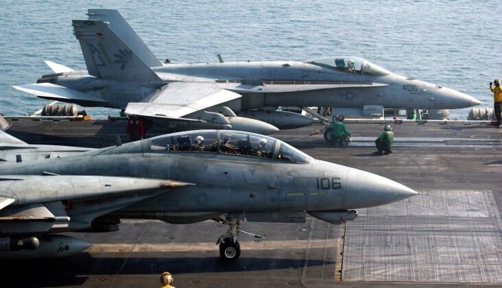 F-18 and F-14 Fighters on Carrier Deck