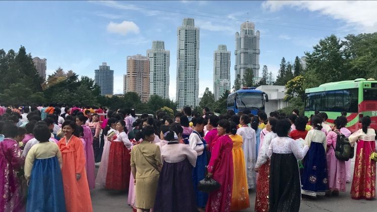 North Koreans in Weekend Traditional Clothing in Pyongyang 