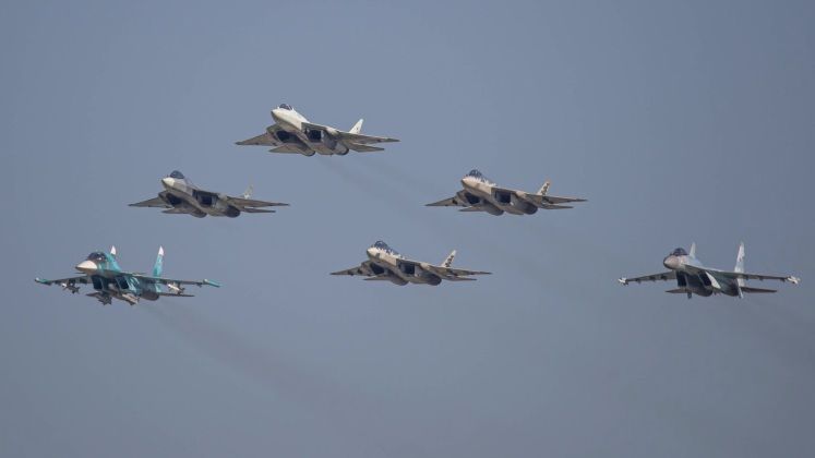 Su-57 Prototypes Flanked by Su-34 (left) and Su-35